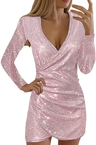 Женствена рокля с пайети iQKA, къса мини рокля с V-образно деколте и дълъг ръкав, секси рокля с мирис за парти, клубна облекло