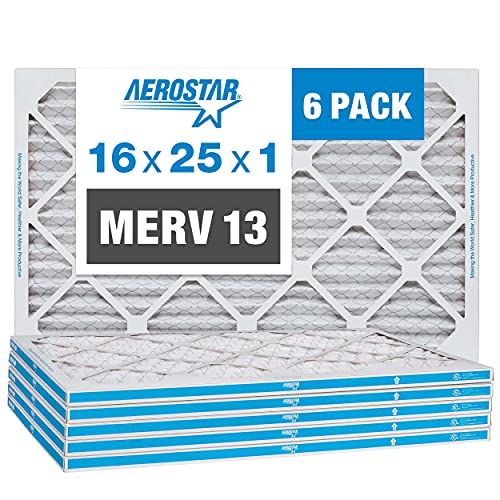 Въздушен филтър в сгъвката на Aerostar 16x25x1 MERV 8, 6 опаковки (Застроена площ: 15 3/4 x 24 3/4x 3/4) и въздушен филтър в сгъвката на 16x25x1 MERV 13, въздушен филтър пещ за променлив ток, 6 опаковки (застроена площ: