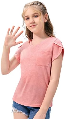 goforparis/ Тениски с V-образно деколте за момичета, с Къс ръкав във формата на Листенца, Свободно Намаляване, Лятна Однотонная Базова Туника, Върхове с джоб, от 5 до 14 Години