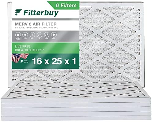 Filterbuy Въздушен филтър 16x25x1 за защита от прах MERV 8 (6 бр. в опаковка), плисе заменяеми въздушни филтри за печки ОВК AC (застроена площ: 15,50x24,50x0,75 инча)