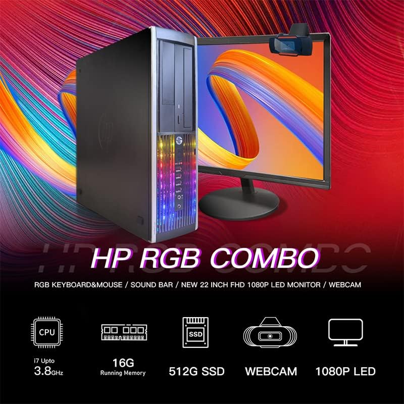 Настолен компютър HP Elite RGB PC, Intel Core i7 с честота до 3,8 Ghz, 16 GB памет, 512 GB SSD памет, Новият 22-инчов led монитор FHD, RGB клавиатура и мишка, звукова лента RGB БТ, уеб камера, Wi-Fi, BT 5.0, Windows