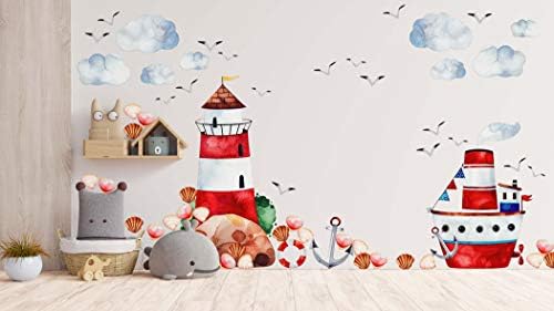Стикер за стена с Морски обекти, Скъпа Стикер за домашен интериор в Морски стил, Стикер На стената в детската, Интериор за деца, Тапети, Разбитие, 3D Принт JO517 (Голям набор от (60 x 48))
