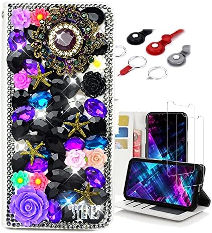 Калъф за чантата си Фея Art Crystal, съвместим с Samsung Galaxy А01 Core - Луксозен цвете - Черно и тъмно лилаво - Кожен калъф ръчна работа с 3D-пайети с защитно фолио за екрана и каишка за врата