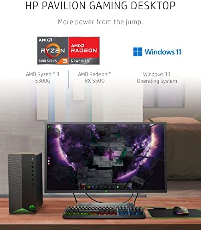 Настолен компютър HP Pavilion Gaming, процесор AMD Radeon RX 5500, AMD Ryzen 3 5300G, 8 GB ram, 512 GB SSD памет, Windows 11 Home, 9 портове USB (TG01-2022, 2022) и професионален тънък led монитор Sceptre 24