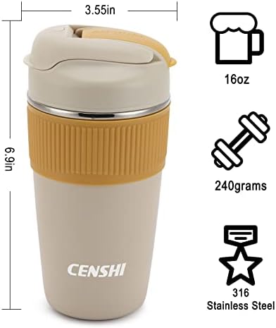 Чаша от неръждаема стомана CENSHI обем от 15 грама с панти капак и соломинкой, Пътна чашата за Кафе с вакуумна изолация за топли и студени напитки, 1 опаковка, жълто Канарче