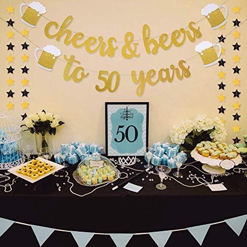 украса на 50-ия рожден ден на мъже/жени, Подаръци за 50-ия рожден ден - Поздрави и бира с 50-годишнината Златна Блестящ Банер - Декорация на 50-та годишнина на партита, Акс?
