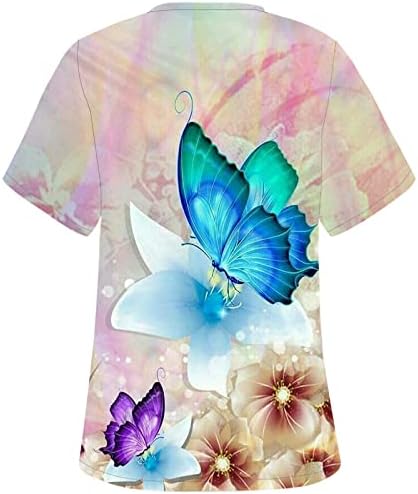 Дамски блузи и Блузи с Флорални Принтом, V-образно деколте, Къс ръкав, Широки Плажни Тениски, Блузи-Ексфолианти с джоб