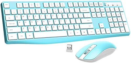 Комбинирана Безжична мишка и клавиатура в пълен размер клавиатура и мишка 2.4ghz с USB-приемник, Безжична мишка с регулируема резолюция от 3 нива DPI за настолни компютри/лаптопи/PC на Windows, Mac OS, Синьо