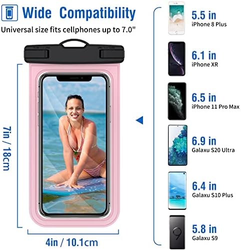 LEMAXELERS Универсален Водоустойчив Калъф-стойка за телефона, Подводен Калъф за мобилен Телефон, Суха Чанта, Съвместима с iPhone 13 12 11 Pro Max XS Max XR X 8 7 Samsung S9/S10 Plus, до 7.0 -2 опаковки, Розово + Розово