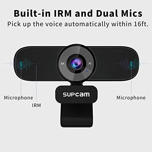 Уеб камера SUPCAM 4K Ultra HD с два микрофона за настолен компютър, AI-Автоматично изрязване, 3-кратно увеличение на дистанционното управление, EPTZ, USB-камера, A /C, външно защитно покритие, широко съвместима с видеозвонками
