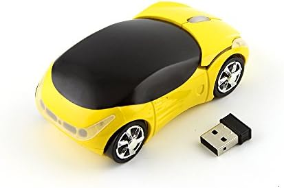 Цветна 3D Мишка във Формата на спортна Кола, Безжична Мишка С 2.4 Ghz, 1600 dpi, 3 Бутона, Оптична Ергономична Геймърска Мишка с USB приемник за Преносими КОМПЮТРИ (Жълт)